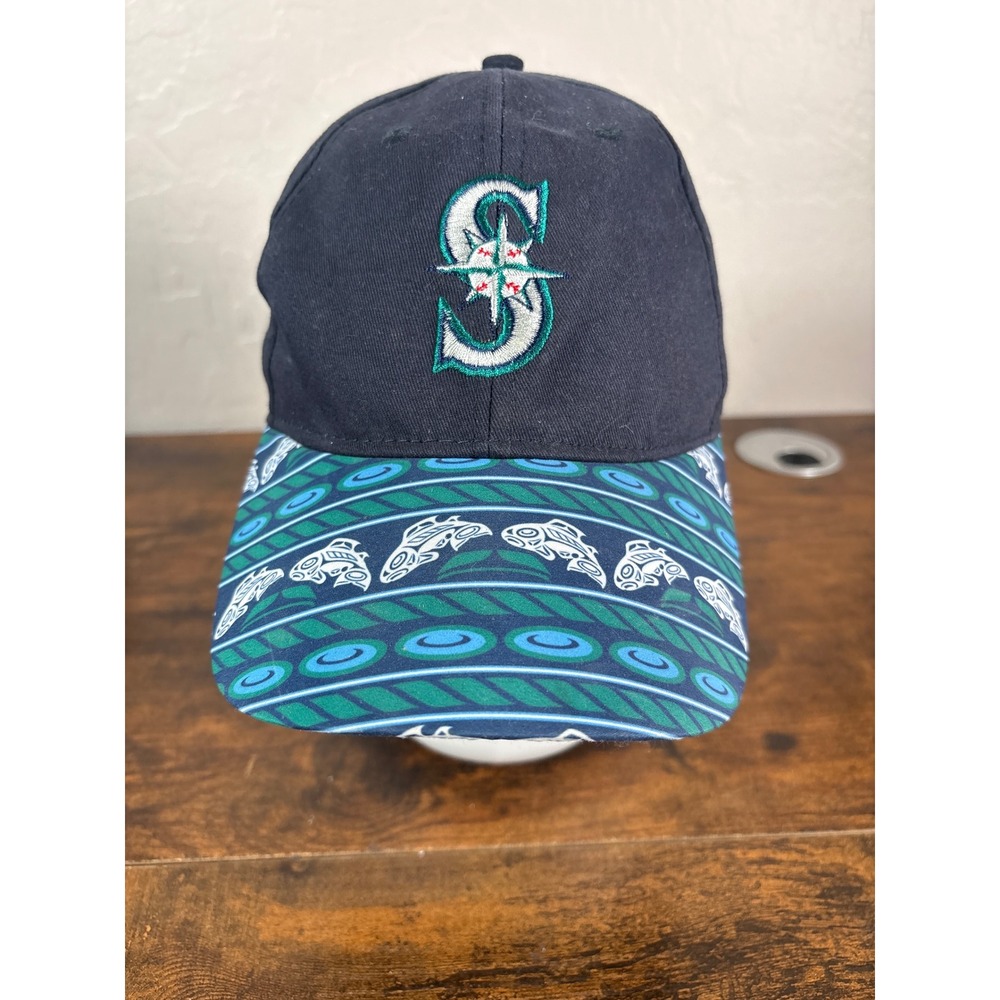 Seattle Mariners Hat Navy Blue Native American Salmon Print Brim Baseball Cap